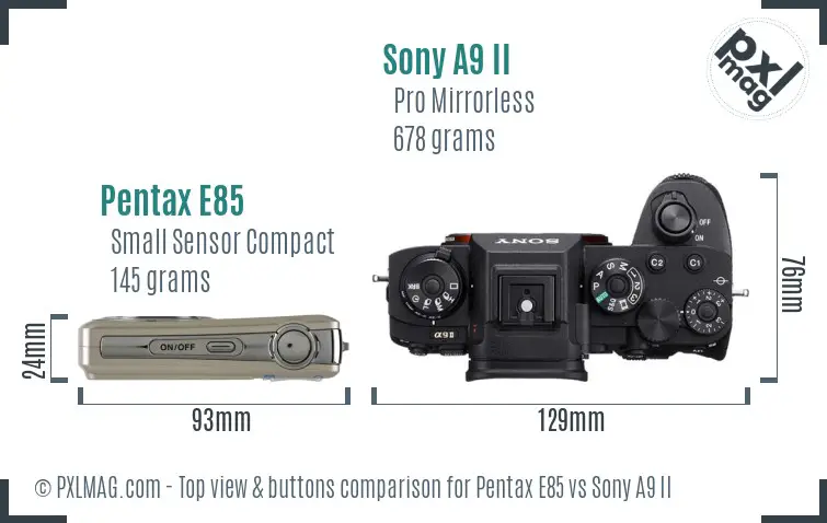 Pentax E85 vs Sony A9 II top view buttons comparison