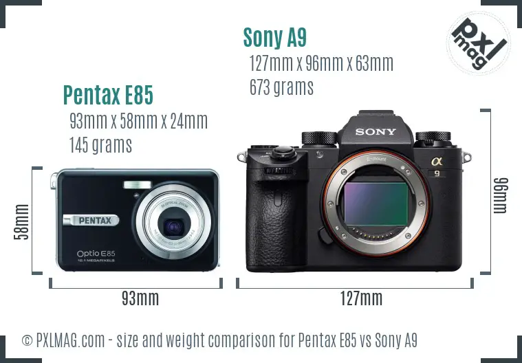 Pentax E85 vs Sony A9 size comparison