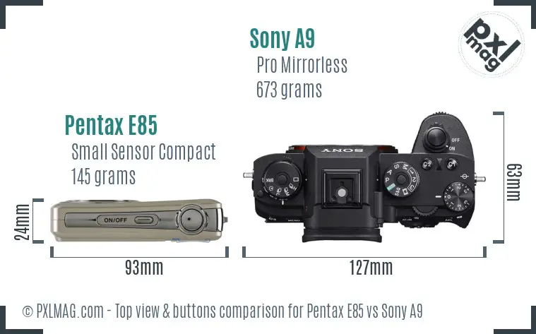 Pentax E85 vs Sony A9 top view buttons comparison