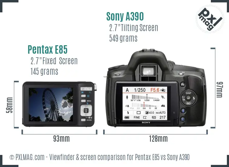 Pentax E85 vs Sony A390 Screen and Viewfinder comparison