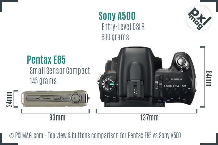Pentax E85 vs Sony A500 top view buttons comparison Pentax E85 vs Sony A500 top view buttons comparison