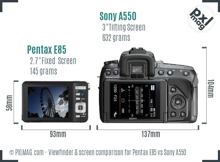 Pentax E85 vs Sony A550 Screen and Viewfinder comparison