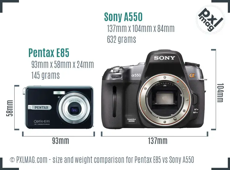 Pentax E85 vs Sony A550 size comparison