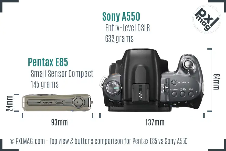 Pentax E85 vs Sony A550 top view buttons comparison