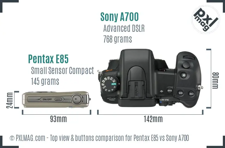 Pentax E85 vs Sony A700 top view buttons comparison