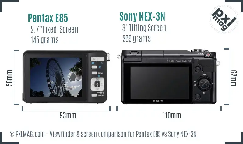Pentax E85 vs Sony NEX-3N Screen and Viewfinder comparison Pentax E85 vs Sony NEX-3N Screen and Viewfinder comparison