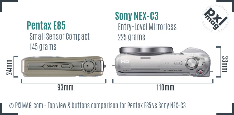 Pentax E85 vs Sony NEX-C3 top view buttons comparison