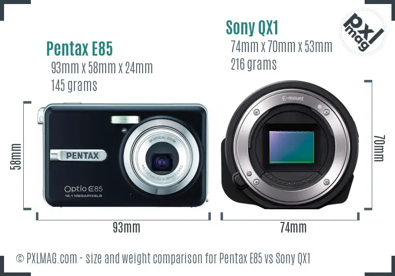 Pentax E85 vs Sony QX1 size comparison