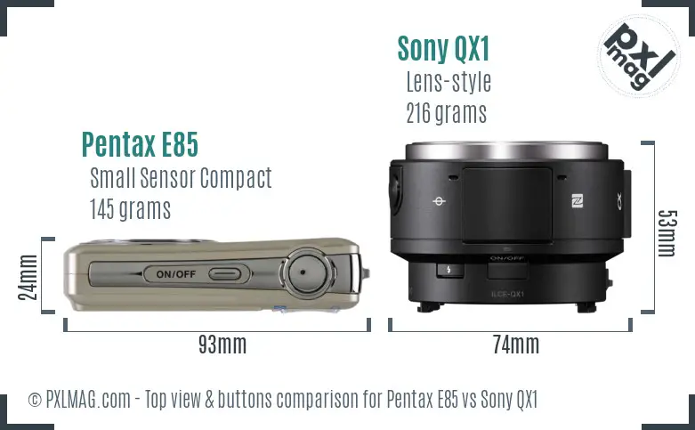 Pentax E85 vs Sony QX1 top view buttons comparison