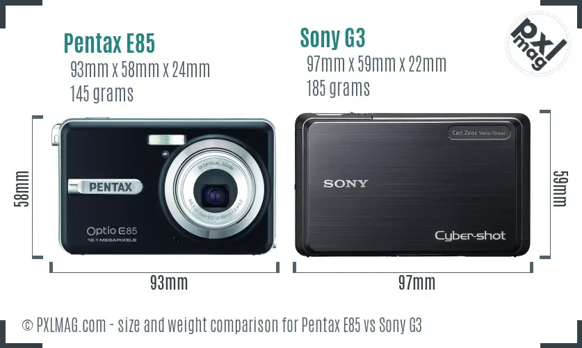 Pentax E85 vs Sony G3 size comparison