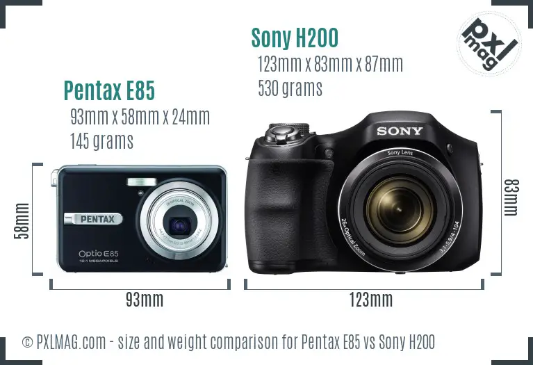 Pentax E85 vs Sony H200 size comparison