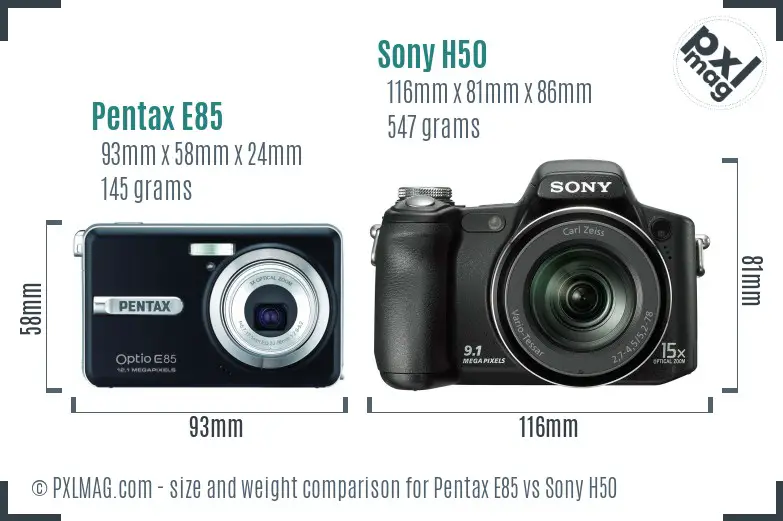 Pentax E85 vs Sony H50 size comparison