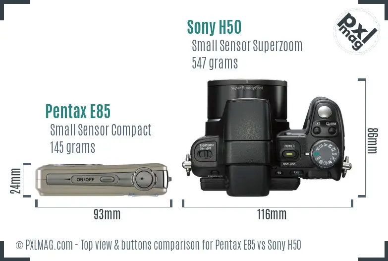 Pentax E85 vs Sony H50 top view buttons comparison