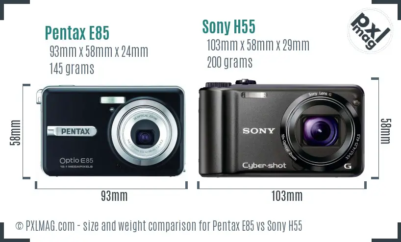 Pentax E85 vs Sony H55 size comparison