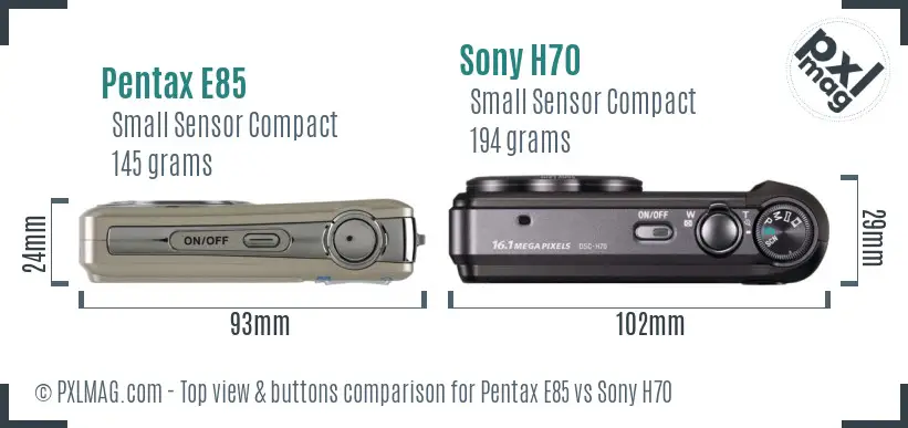 Pentax E85 vs Sony H70 top view buttons comparison