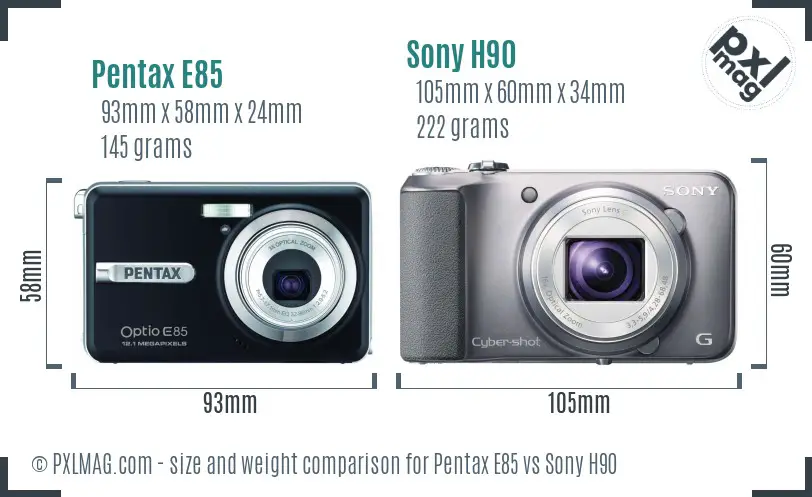 Pentax E85 vs Sony H90 size comparison