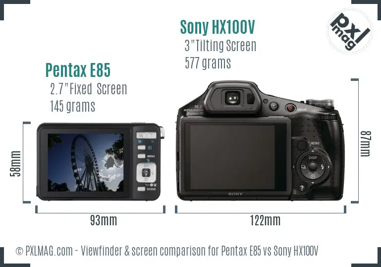Pentax E85 vs Sony HX100V Screen and Viewfinder comparison