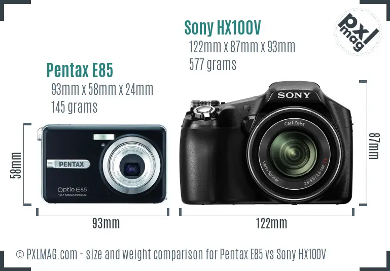 Pentax E85 vs Sony HX100V size comparison
