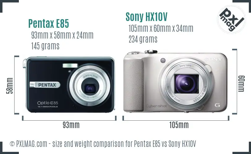 Pentax E85 vs Sony HX10V size comparison