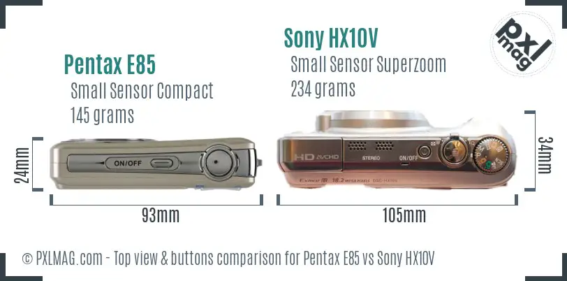Pentax E85 vs Sony HX10V top view buttons comparison Pentax E85 vs Sony HX10V top view buttons comparison