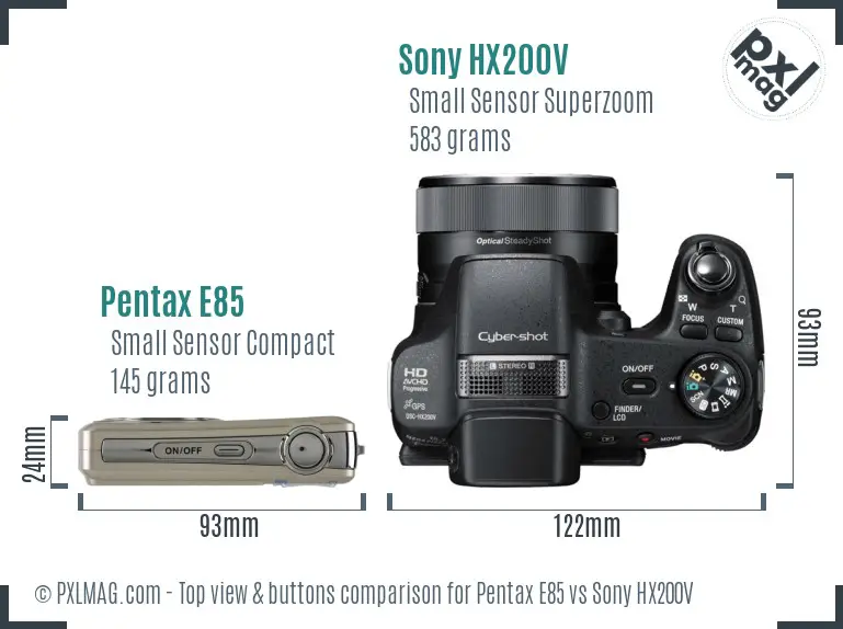 Pentax E85 vs Sony HX200V top view buttons comparison