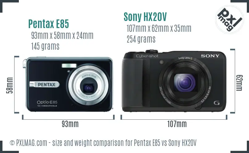 Pentax E85 vs Sony HX20V size comparison