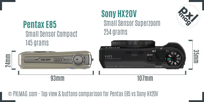 Pentax E85 vs Sony HX20V top view buttons comparison