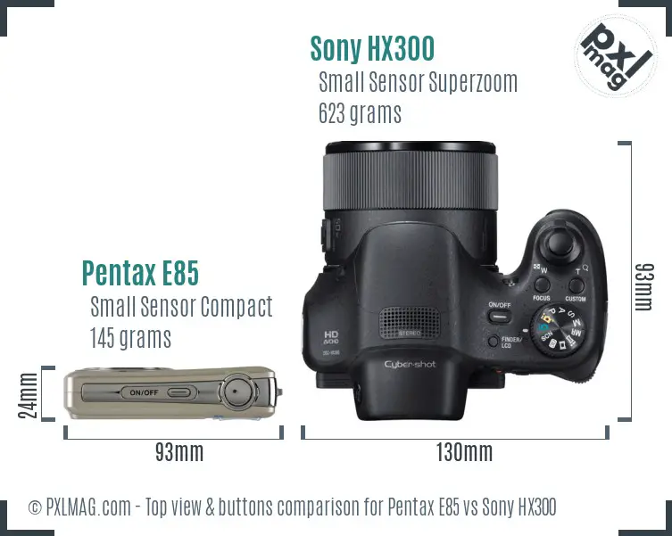 Pentax E85 vs Sony HX300 top view buttons comparison