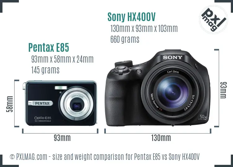 Pentax E85 vs Sony HX400V size comparison