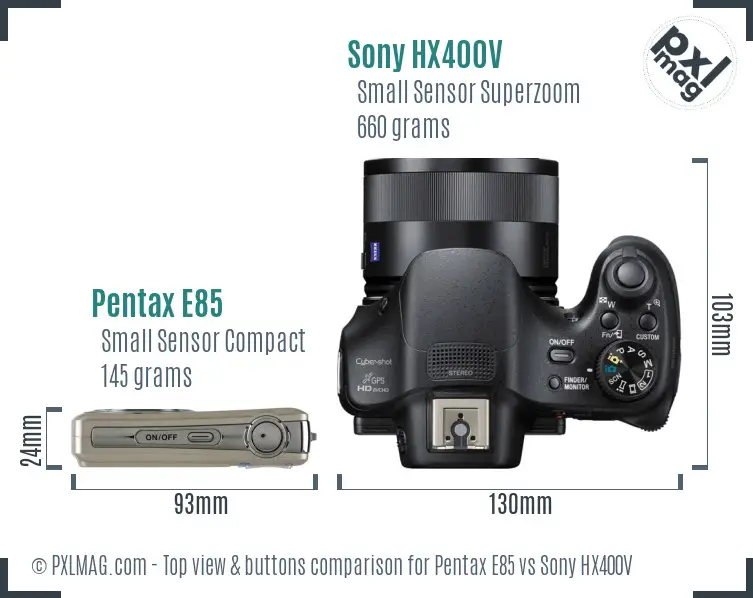 Pentax E85 vs Sony HX400V top view buttons comparison