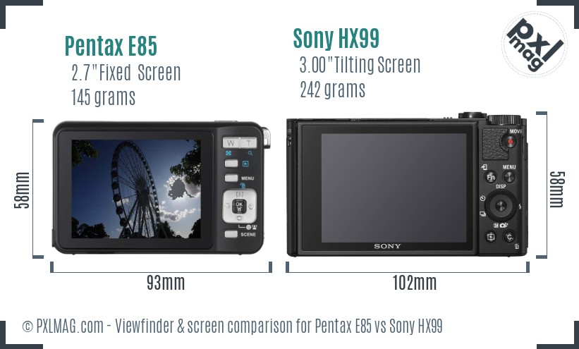 Pentax E85 vs Sony HX99 Screen and Viewfinder comparison