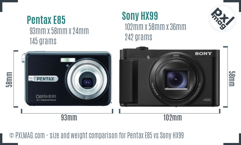 Pentax E85 vs Sony HX99 size comparison Pentax E85 vs Sony HX99 size comparison