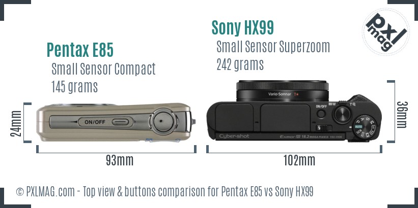 Pentax E85 vs Sony HX99 top view buttons comparison