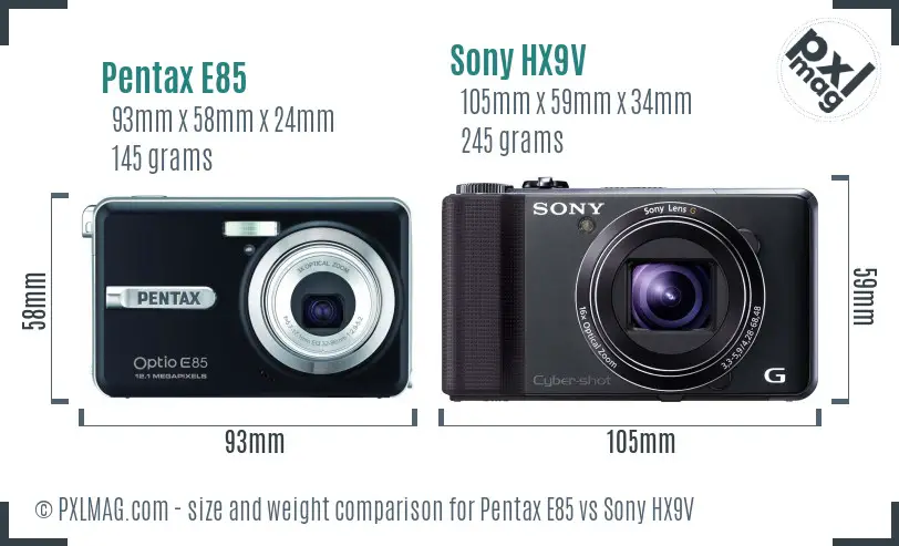 Pentax E85 vs Sony HX9V size comparison