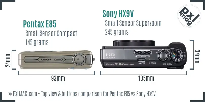 Pentax E85 vs Sony HX9V top view buttons comparison