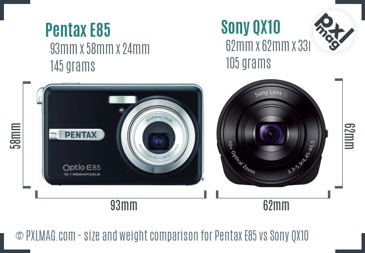 Pentax E85 vs Sony QX10 size comparison
