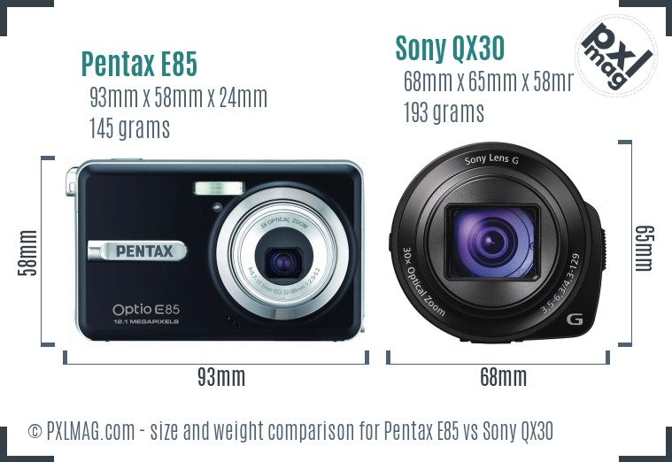 Pentax E85 vs Sony QX30 size comparison