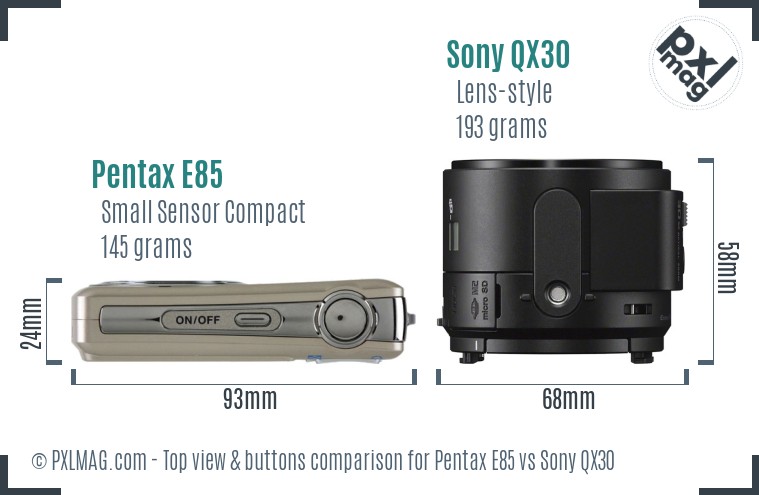 Pentax E85 vs Sony QX30 top view buttons comparison