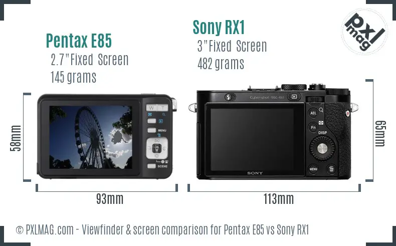 Pentax E85 vs Sony RX1 Screen and Viewfinder comparison Pentax E85 vs Sony RX1 Screen and Viewfinder comparison