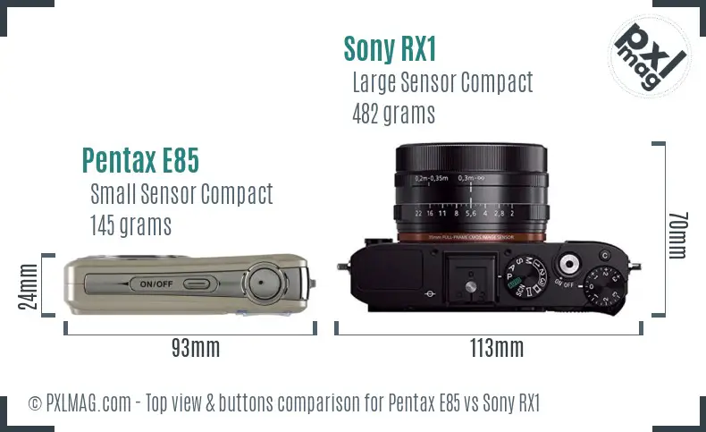 Pentax E85 vs Sony RX1 top view buttons comparison Pentax E85 vs Sony RX1 top view buttons comparison