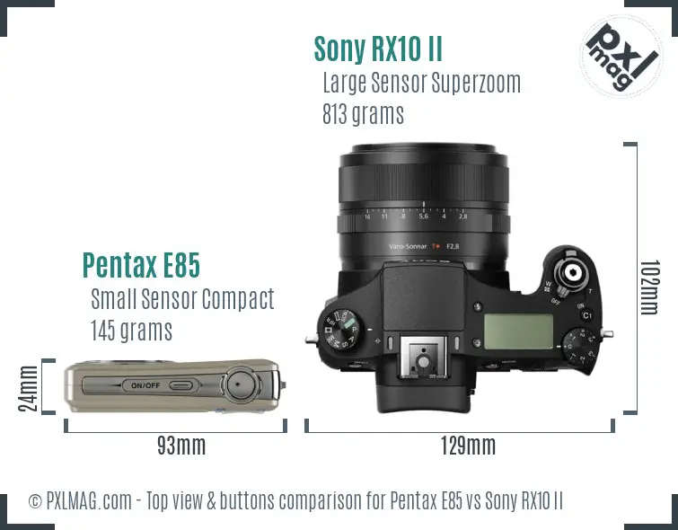 Pentax E85 vs Sony RX10 II top view buttons comparison