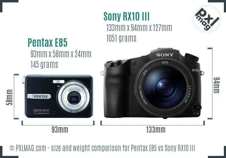 Pentax E85 vs Sony RX10 III Size Comparison
