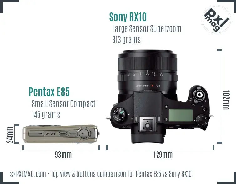 Pentax E85 vs Sony RX10 top view buttons comparison