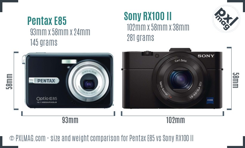 Pentax E85 vs Sony RX100 II size comparison
