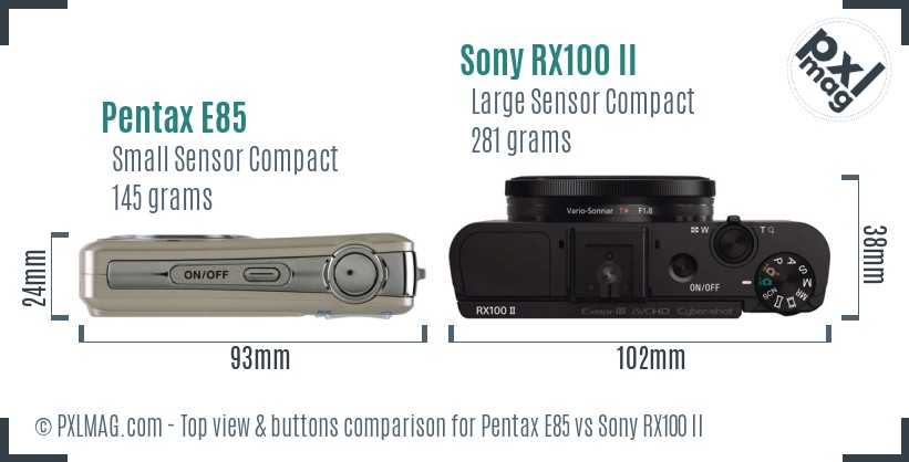 Pentax E85 vs Sony RX100 II top view buttons comparison