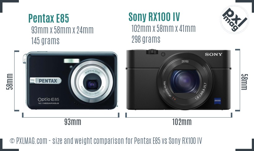 Pentax E85 vs Sony RX100 IV size comparison