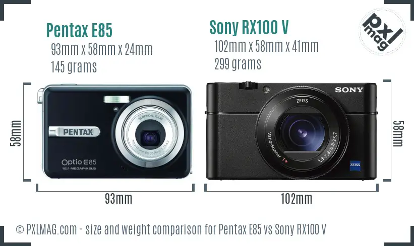 Pentax E85 vs Sony RX100 V size comparison