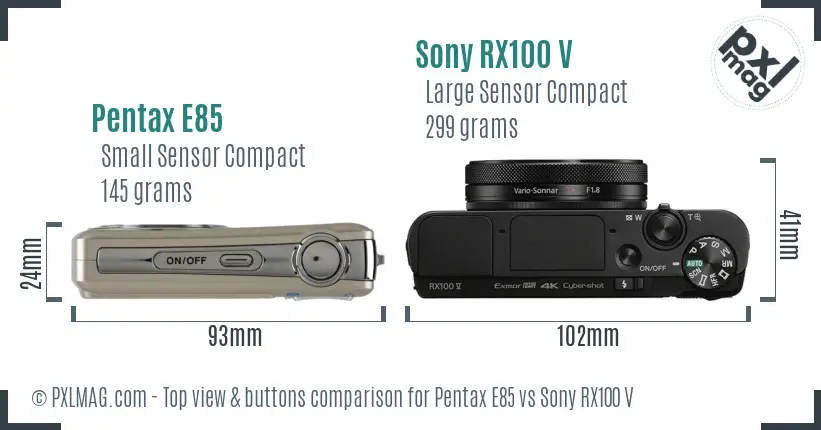 Pentax E85 vs Sony RX100 V top view buttons comparison