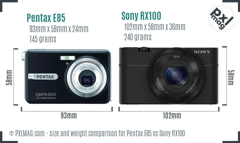 Pentax E85 vs Sony RX100 size comparison Pentax E85 vs Sony RX100 size comparison