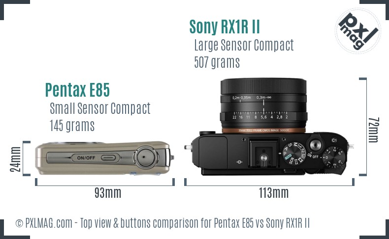 Pentax E85 vs Sony RX1R II top view buttons comparison